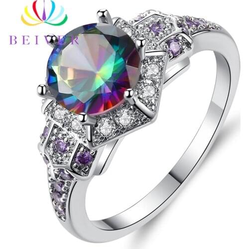 Beiver 2019 New Arrival White Gold Color Rainbow Round Zircon Promise Wedding Rings for Women Party Jewelry Ladies Gifts R568W-C