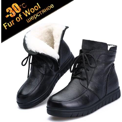 -30℃ Wool Fur warm Cow Leather ankle boots women winter Genuine Leather Flat platform botas 2020 black Lace up plush snow shoes