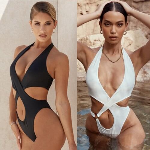 One Piece Women Sexy Solid Swimsuit Cut Out Bodysuit Push Up Beachwear Halter Bathing Suit Monokini Female Swimwear Mujer 2021