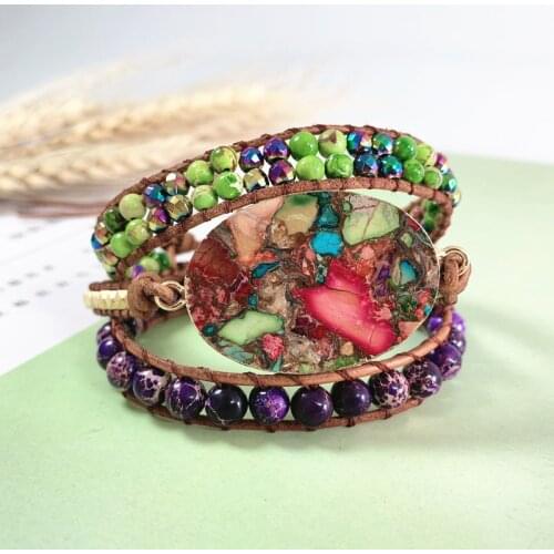 Color Imperial Stone Bracelet Beaded Leather Wrap Bracelet Mix Stones Weaving Statement Boho Bracelet Femme Femme Jewelry