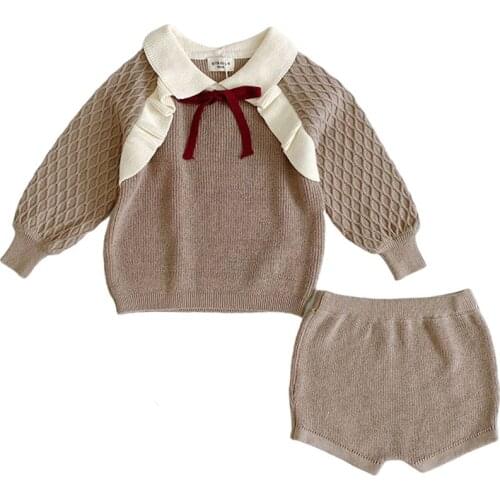 1-5Yrs Children Baby Clohting Knit Set Autumn Princess Bow Set Fashion Baby Girls Clothes Long Sleeve Sweater +PP Shorts Sets
