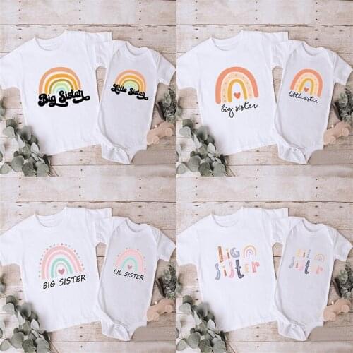 Big Sister Little Sister Girls T shirt & Baby Rompers Cute Rainbow Print Cotton T-shirts Kids Sibling Matching Outfits Clothes