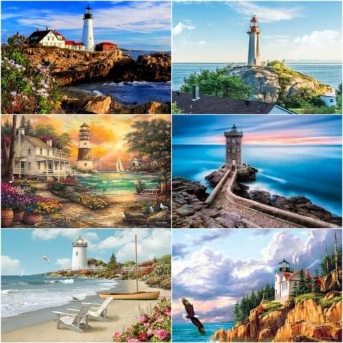 GATYZTORY DIY 5D Diamond Painting Cross Stitch Sea Scenery House Full Square /Round Drill Lighthouse Setting Sun Diamond Embroid