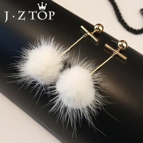 JZTOP Geometry Stud Earrings Hair Ball Earrings White Metal Long Earring Tassel For Woman Fashion Party Oorbellen Jewelry Gift