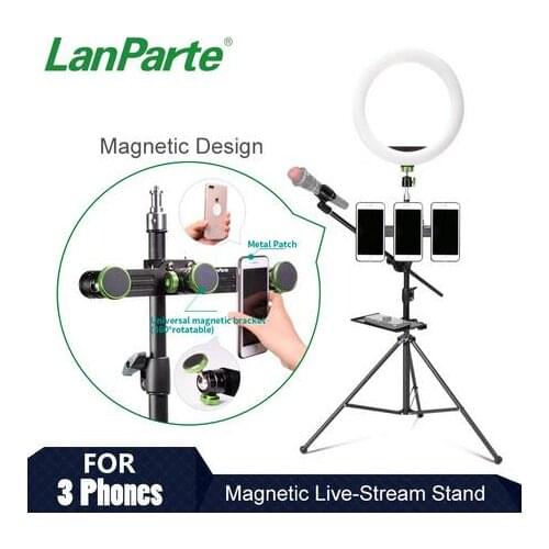 Lanparte Magnetic Live Stream Tripod Stand for 3 Phones with 10 inch LED Ring Light for Live Video Streaming