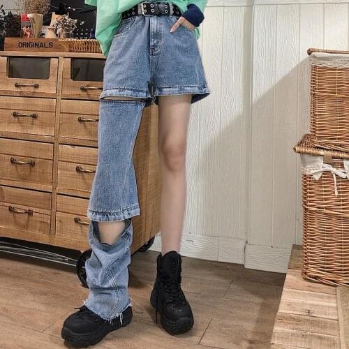 2020 summer casual stitching shorts streetwear loose straight tube retro retro ins become detachable jeans women