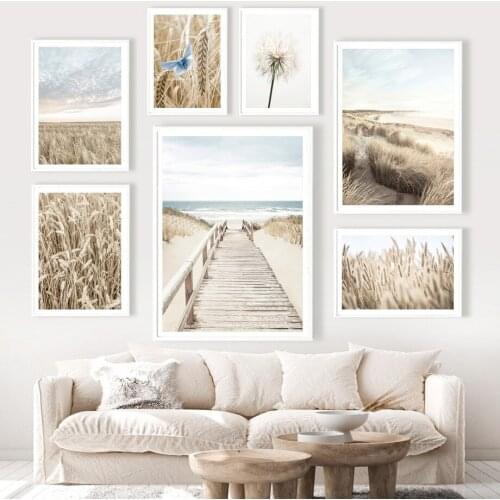 Beach Sign Bridge Grass Sunset Wheat Field Dandelion Nordic Poster Wall Art Print Canvas Painting Decor Pictures For Living Room