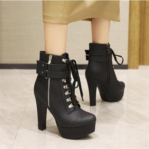 PXELENA Shoes 2021 Winter Newest Women Motorcycle Biker Ankle Boots Street Cool Girls Zipper Lace Up High Heels Plus Size 34-44