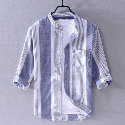 2019 Summer cotton and linen shirt men brand striped shirts men fashion three-quarter sleeve stand colalr shirt for men camisa