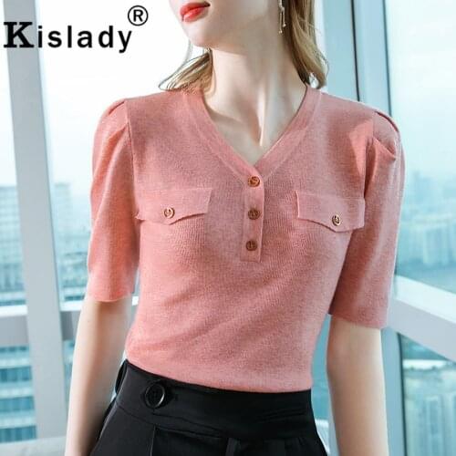 Kislady Spring Tops Knitted Solid Women Shirts Harajuku OL Sexy V-Neck Half Sleeve Shirts Korean Button Patchwork Gothic Clothes