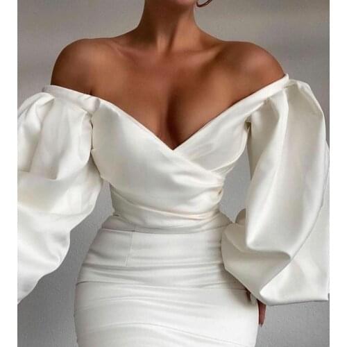 Sexy Long Sleeve Deep V-Neck Short Pleated Evening Dresses Zipper Back Puffy Shoulder Arabic Formal Party Dress for Women