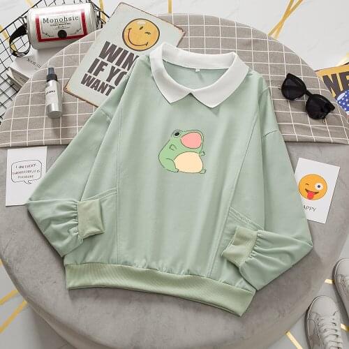 Aesthetic Frog Graphic Swearshirt Cotton Oversize Clothes Harajuku Hoodies with Pocket Kawaii Pullover Feminino Hoodie for Girls