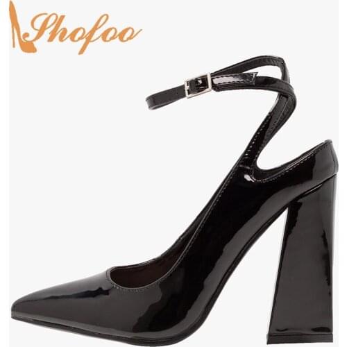 Black Ankle-Tied High Chunky Heels Pointed Toe Pumps Woman Buckle Strap Ladies Fashion Mature Sexy Shoes Large Size 11 16 Shofoo