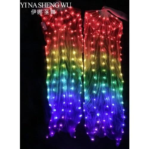 Silk LED Rainbow Dance Fans Women Belly Dance Performance Props 1 Pair Left+Right Hand White Rainbow Colors Belly Dance LED Fans