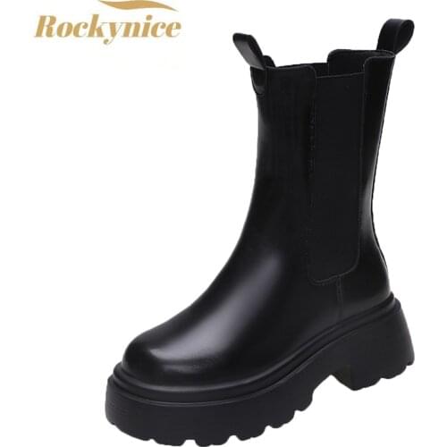Womens Chunky Boots 2021 Autumn Leather Hidden Heels Women Sneakers Winter Waterproof Boots Slip on Platform Mid-calf Boots 6cm