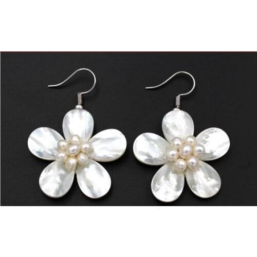 Woman Jewelry white black Pearl beads handmade flower dangle Hook Earrings Real Natural Freshwater pearl