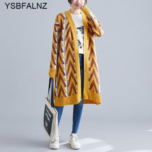 Autumn Cardigan Sweater Coat Women Loose Large Size Striped Print 2021 Fashion All Match Knitted Sweater Clothing Tops V-Neck