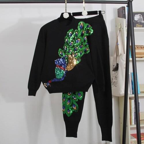 Korean Sequins Peacock Embroidery Knitted Tracksuit Women Outfits Loose Black Knit Sweater Long Pencil Pants 2 Piece Set Female