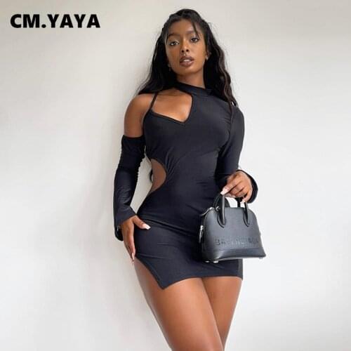 CM.YAYA Women Mini Dress Hollow Out Asymmetrical Full Sleeve Skinny Splited Dresses Sexy Night Clubwear Fashion Outfits Autumn