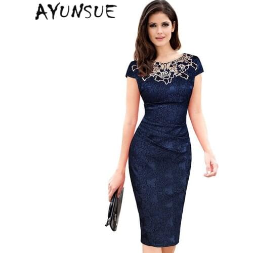 European And America Blue Pencil Dress Lace Hollow Women Summer Dress 2020 Elasticity Floral Party Dresses Clothes Women FYY415