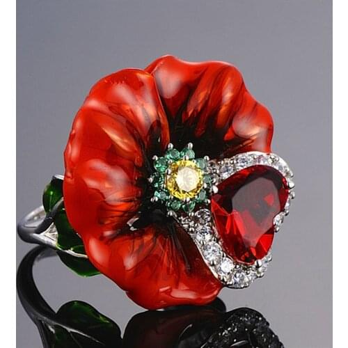 Vintage Rose Flowers Enamel Red Crystal Ruby Gemstones Diamonds Rings for Women 18k White Gold Silver Color Party Jewelry Gifts