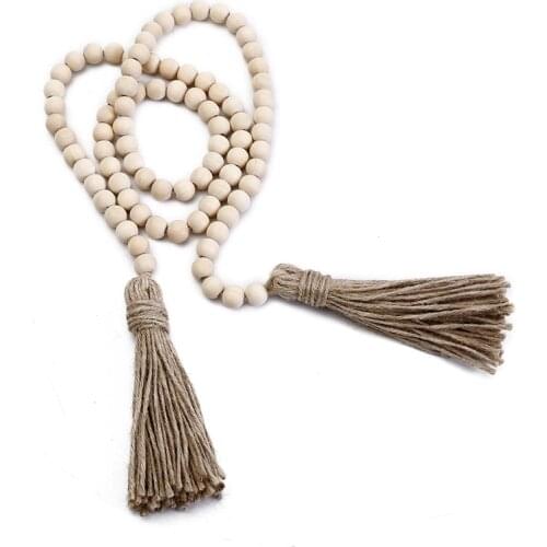 138cm Wooden Beads Garland with Tassels Farmhouse Beads Rustic Country Decor Natural Wood Beads for Wedding Room Gift Decoration