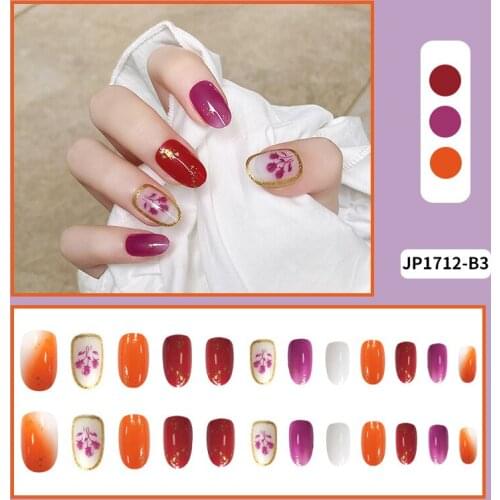 24Pcs Fake Nails Long Round Head Purple Tulip Nail Art Finished Full Cover Nail Stickers Nail Supplies For Professionals NN