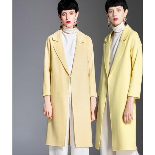 Long woolen blends cashmere coats for women 2019 autumn winter ladies jackets plus size overcoat double sided yellow office