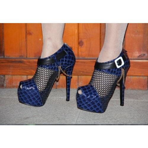Elegant gorgeous] blue checkered blue mesh Pu leather stitching,waterproof 4.5 cm, 14.5 cm high-heeled shoes. Size: 35-43