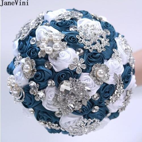 JaneVini Sparkle Crystal Artificial Wedding Bouquets Satin Rose with Rhinestone Luxurious Bridal Brooch Flowers Bouquet De Fleur
