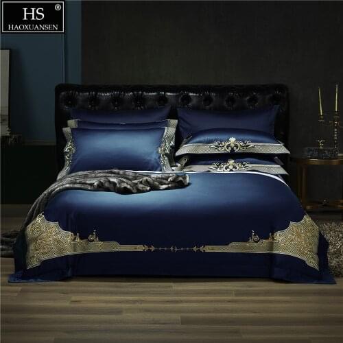 Sapphire Blue Luxury Delicate Baroque Paisley Pure Cotton 4Pieces Bedding Set Queen King Size Duvet Cover Pillowcase Bedsheet