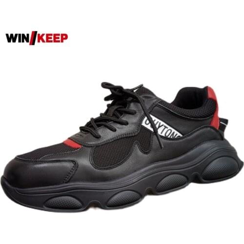 Men Mesh Breathable Platform Trainers Shoes Outdoor Real Leather Spliced Sport Shoes High Quality Spring Jogging Sneakers