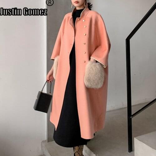 Trendy Ladies Long Fox Fur Pocket Wool Jacket Oversized Loose Casual Retro Winter Coat Women Female Outerwear abrigo mujer