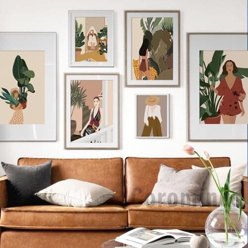 Fashion Abstract Vintage Girl Plant Leaf Wall Art Canvas Painting Nordic Posters And Prints Wall Pictures For Living Room Decor