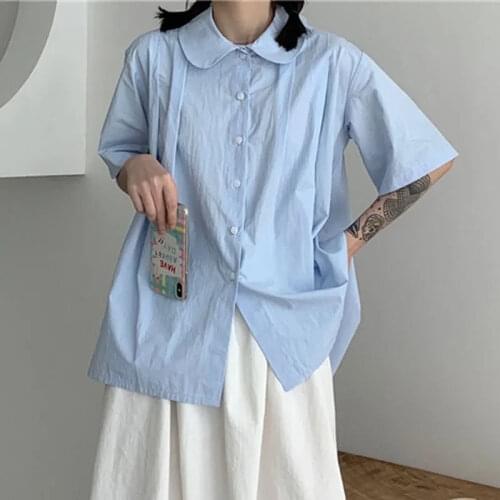 Summer new short sleeve shirt female Korean student loose minority design top doll collar retro shirt fashion