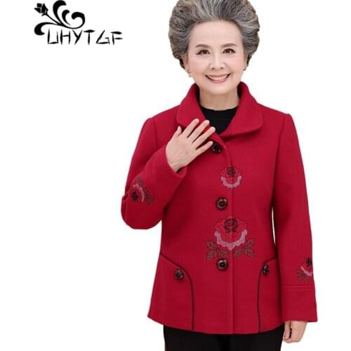 UHYTGF New fashion women spring autumn wool coat elegant women embroidery short outerwear Female 4XL Plus size Woolen jacket 311
