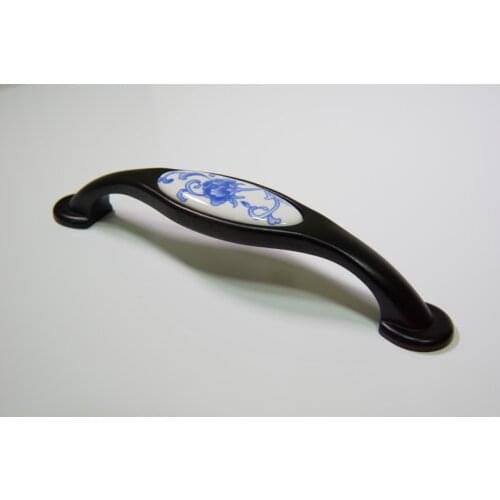Wholesale 10pcs lot white-blue flower porcelain antique brass drawer handles,door handles and knobs,kitchen handles 96mm