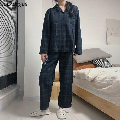 Pajama Sets Women Long Sleeve and Pants Autumn Sleepwear Plaid Loose Daily Home Lounge Wear Korean Chic Fashion Sweet Nightwear
