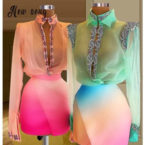 Beading Long Sleeve Tie dye Women Dress 2021 NEW Cocktail Dress 2 Pieces Celebrity Dresses Formal Prom Gown Real Photos