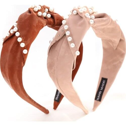 Women Headband PU Leather Pearl Hairbands For Women Top Knotted Girls Hair Band Female Hair Accessories Handmade Head Hoop Bezel