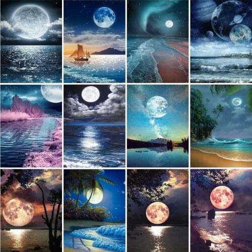 AZQSD Coloring Picture By Numbers Seaside Moon Unique Gift For Children Diy Paint By Numbers Landscape Decor For Home