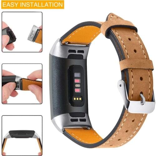 Genuine Leather Watchband For Fitbit Charge 3/4 Replacement Wristband With Adapter Easy To install Breathable Waterproof Straps