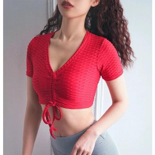 Sexy Women Tops Slim V Neck Shortsleeve Pleated Bandage Polyester Tops Solid Red Workout Sheath Tops Female
