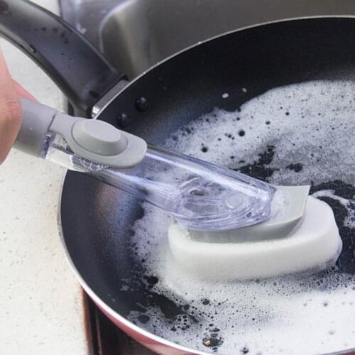 Household Kitchen Handle Dish Cleaning Brush Automatic Washing Up Liquid Soap Dispenser Scouring Sponge Pan Pot Scourer