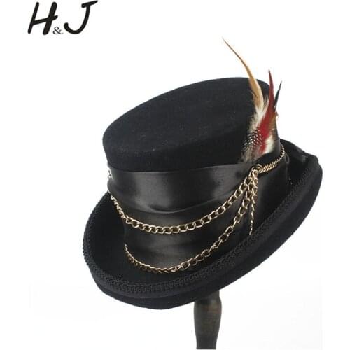 Handmade Women Men Black SteamPunk Top Hat Wool Fedora Hat Millinery Goggles Party Cosplay Cap Size S M L XL Steampunk Hat