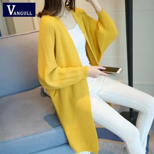 Vangull Mid-length Solid Cardigan Women Knitted Batwing Sleeve Sweater 2021 Autumn New Loose All-match Pocket Ladies Cardigans