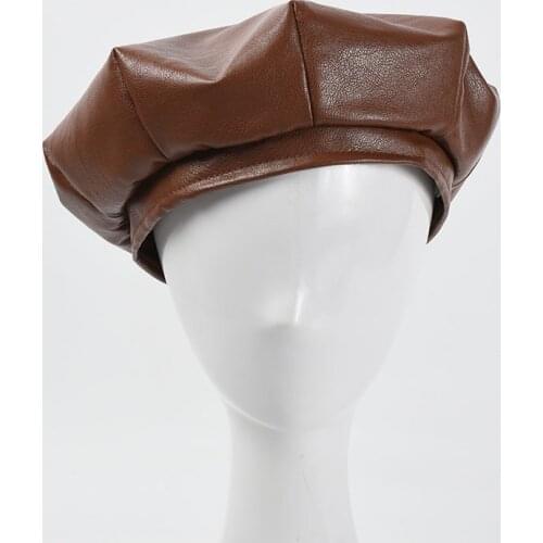 Octagonal Hat Womens Autumn and Winter New PU Leather Beret Korean Fashion Hexagonal Edge Painter Cap British Retro Beret