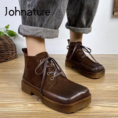 Johnature Square Toe Platform Boots Genuine Leather Women Shoes 2021 New Retro Width Lace-up Handmade Special Ankle Women Boots