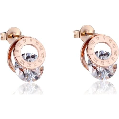 New Arrival Roman Numerals Round Clip Sparkling Crystal Woman Stud Earrings Stainless Steel Jewelry for Women Gift Wholesale