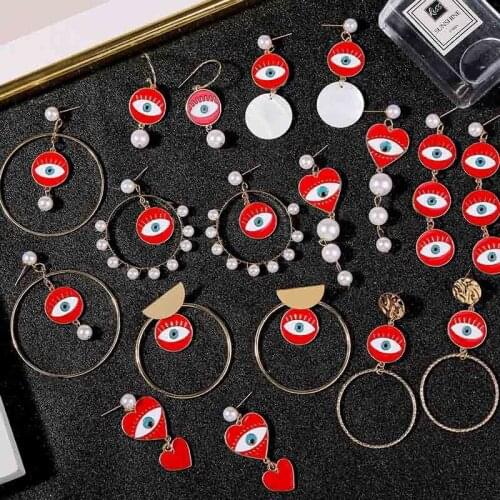 Vintage Red Evil Eye Earrings Imitation Pearl Earrings for Women Gold Big Circle Heart Dangle Earrings 2019 Boho Jewelry Brincos